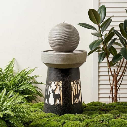 32.1''H Outdoor Barrel Water Fountain with Warm LED Light, Deer Silhouette Decorative Landscape Lantern Lamp, Outdoor Art Décor for Patio Lawn Backyard, Easy Assembly, Grey+Black by AOPNOMU