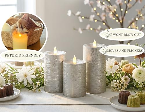 Shiny Metallic Silver Flameless Pillar Candles, Patented 3D Realistic Moving Flickering Flame with Remote Timer, Battery Operated 400hrs for Wedding, Holiday, Party, Decor, Gift(Set of 3) - Image 4