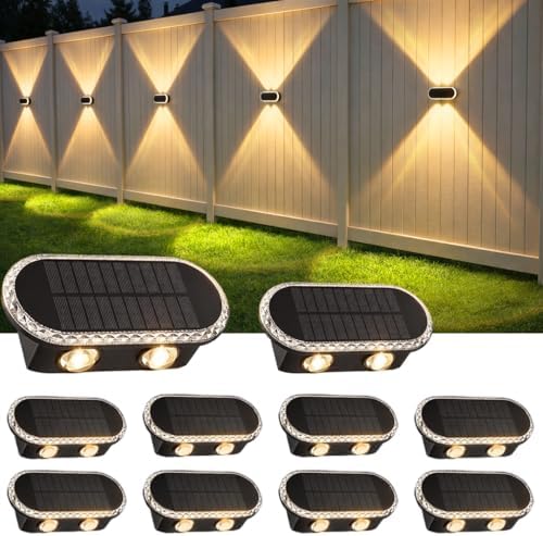 Solar Fence Lights Outdoor: 10 Pack IP65 Waterproof Wall Light Dual Up Down by Hiromeco