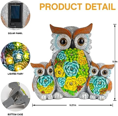 Solar Garden Statue Lights, Owl Family Decor with LED Succulent Flowers, Cute Solar Owl Figurines, Waterproof Resin Outdoor Yard Art for Patio Lawn Porch, Garden Gifts for Women Mom Grandma - Image 6