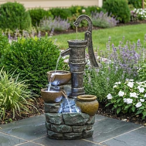 Vintage Hand Pump Water Fountain Outdoor, 32.3" Tall with LED Lights, Natural Stone Look Resin Cascading Water Feature for Patio, Lawn, Backyard & Garden Decor (Vintage Pump Head 32.3" H) by BHFOLO