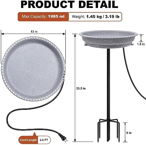 BIRD WISH Heated Bird Bath, Stable 5-Prong Metal Base Thermostat Control Weather Resistance All Seasons Available 75W Heated Bird Baths for Outdoors for Winter Garden Yard Patio Lawn, Spotted Grey - Image 3