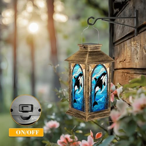 Solar Lantern Outdoor Waterproof Orca Whale Stained Glass Artwork Blue Ocean Design Garden Decor LED Hanging Solar Lights Tabletop Lamp Gifts for Women Mom Outside Yard Patio Porch - Image 5