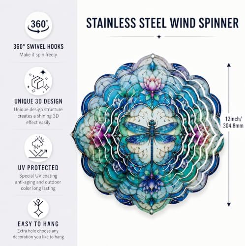 Shwing 12 Inch Dragonfly Wind Spinner Lotus Flower Hanging Decor Blue Purple Mandala Metal Ornament Outdoor Kinetic Garden Art 3D Wind Spinner for Patio Porch Backyard Decoration - Image 7