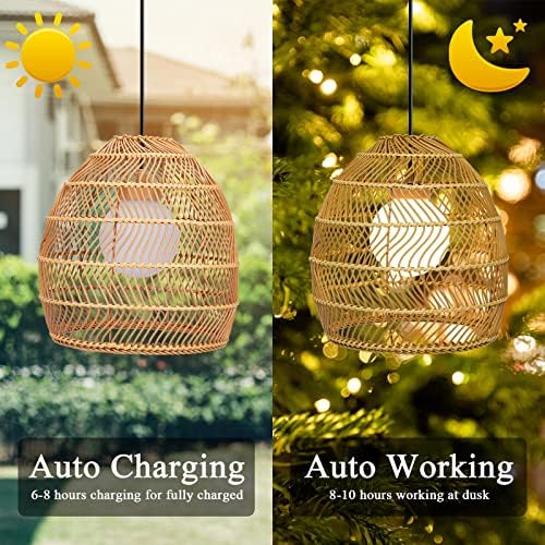 Outdoor Rattan Lantern Solar Chandelier Outdoor Pendant Lights Solar Hanging Lantern with Remote Outdoor Waterproof Pendant Lights for Gazebo Porch Patio - Image 2