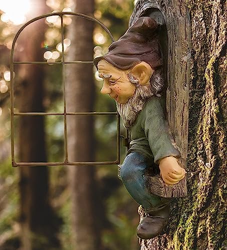 Teaeeno 12-inch Elf Out The Door Tree Hugger, Whimsical Old for Man Resin Statue with Foliage Features, Large Outdoor Tree Hugger for Yard Art, Trees Decorations Outdoor Wallmounted Statue - Image 4