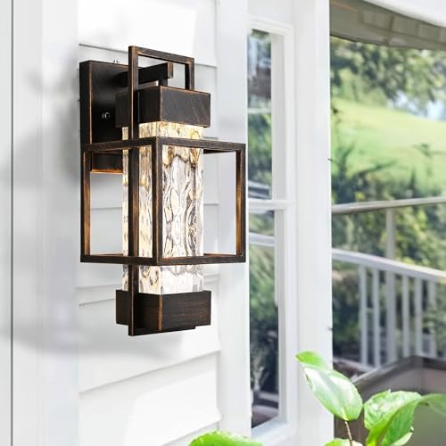 PARTPHONER Modern Outdoor Light Fixture Dusk to Dawn Outdoor Lighting, 15" H Exterior Wall Sconce Waterproof Porch Light, Outside Light for House with Water Glass for Garage Doorway Black Brushed Gold - Image 5