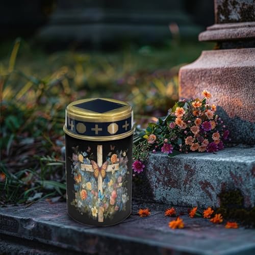 Poceacles Cross Solar Lights Outdoor for Cemetery Grave Solar Lights Outdoor Waterproof Decorative Flameless Candle for Cemetery Garden Backyard Outdoor Decor, Butterfly Floral Cross Black, Pack of 2 - Image 3
