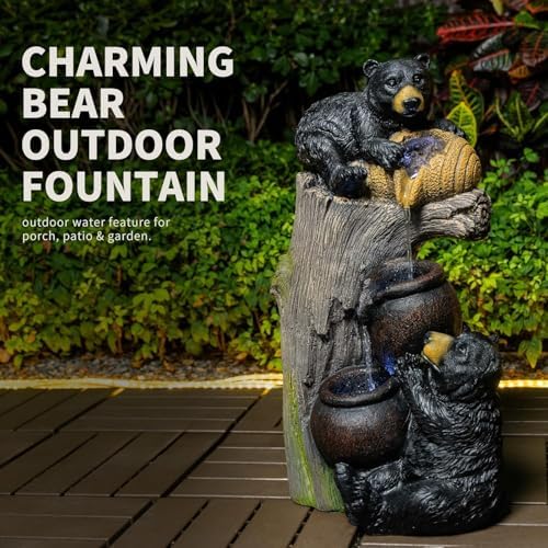 24" Outdoor Water Fountain with LED Lights, Bear Tree Stump Decor - Image 4