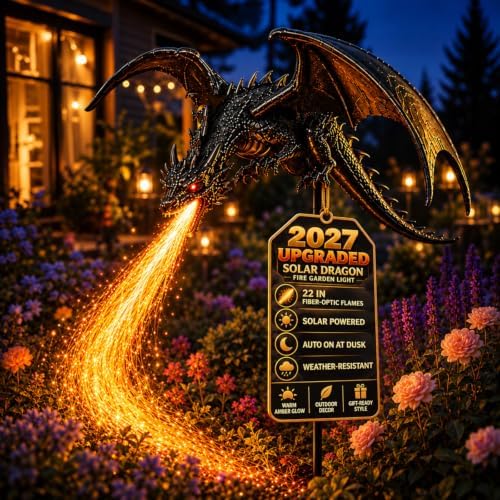 2027 New Solar Dragon Fire Garden Light, Dragon Garden Statue Stake with Breathing Fiber Optic Flame, Weatherproof Solar Outdoor Decor for Lawn, Pathway, Flower Bed & Patio (1PCS) by Unknown