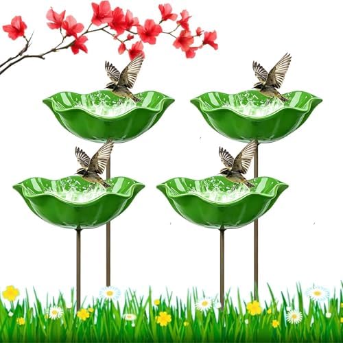 4PC Handmade Metal Flower Garden Stake, Outdoor Bird Bath and Butterfly Watering Station, Bee Watering Flower Stake for Garden Yard, Metal Flower Garden Stakes Bird Bath (Green) by Lubunet
