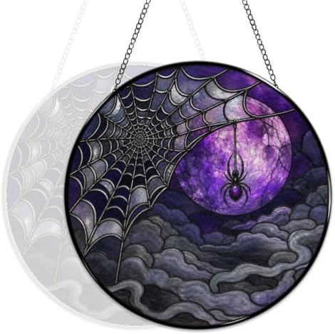 Spider Web Purple Moon Stained Glass Suncatcher 11.8" Colorful Window Hanging Ornament, Sun Catcher Decor for Bathroom Front Door Living Room Home Wall Garden - Image 5