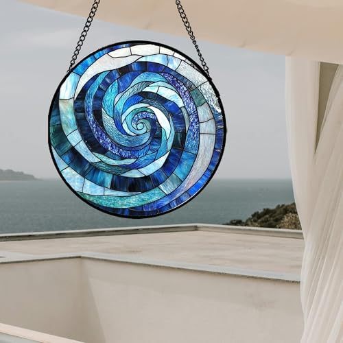 Blue Ocean Wave Stained Glass Window Hanging Suncatcher Gift for Women 9.8" - Image 5