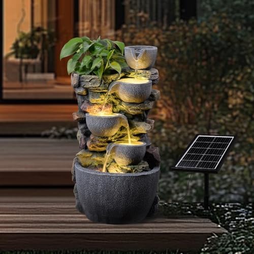 24'' Stacked Rock Solar Powered Water Fountain, Outdoor DIY Planter Pot Waterfall Fountain with LED Lights, Water Feature Landscape Decor for Garden, Patio, Backyard, Home Decoration - Image 3