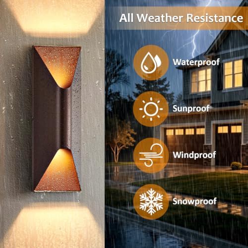 Outdoor Wall Lights 2 Pack, 15" Up and Down Porch Wall Sconce, Waterproof Exterior Lighting Fixtures, Replaceable Bulb, 3000K LED, Modern Brown Outdoor Lights for House Garage - Image 2