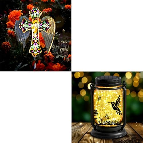YJFWAL Solar Glass Cross & YJFWAL Hummingbird Solar Lanterns by YJFWAL
