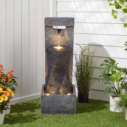 40" High Outdoor Water Fountain with 3 LED Lights, Cascading Waterfall Fountain with Whisper-Quiet Pump, Featuring Natural Stone Look for Garden, Patio, Yard, Grey - Image 3