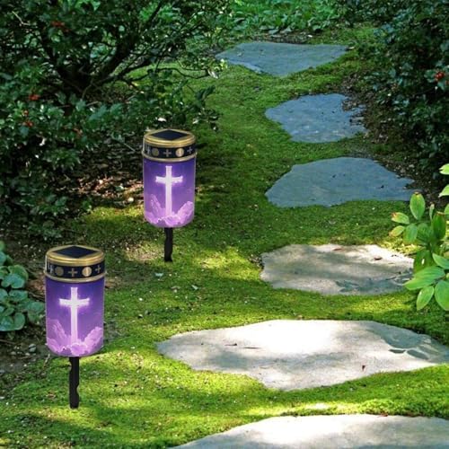 Poceacles Cross Solar Pathway Lights Pack of 4 Outdoor Grave Solar Lights Outside Waterproof Cemetery Flameless Candles Outdoor Solar Candle Grave Markers Eternal Decor, Cross Galaxy Cloud Violet - Image 4