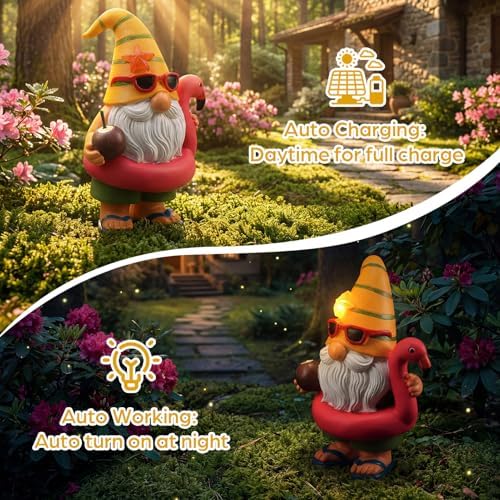 Lavezee Garden Gnome Statue Outdoor Decor, Solar Gnomes with Flamingo Figurine for Garden, Patio, Yard Decor, Summer Pool Party - Image 6