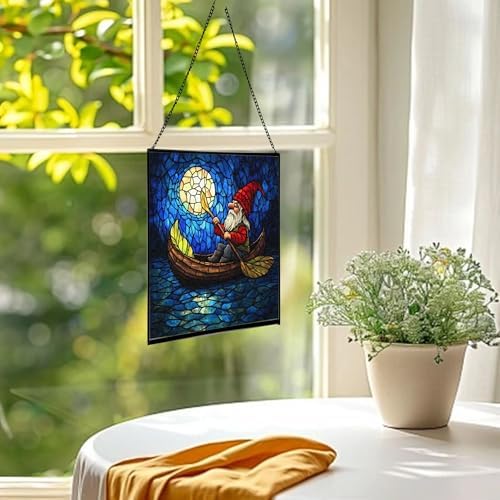 Gnome Canoe Ride Stained Glass Suncatcher – Square Hanging Window Panel for Home or Greenhouse – Whimsical Glass Art Gift for Garden Lovers, Christmas, Halloween, Father Days NYD8LS - Image 3