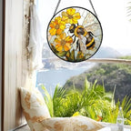 Yellow Flower Bee Stained Glass Window Hanging Decor Gifts for Women 12" - Image 4
