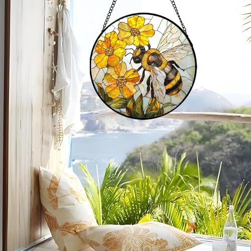 Yellow Flower Bee Stained Glass Window Hanging Decor Gifts for Women 12" - Image 4