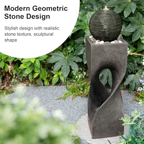 Glitzhome Outdoor Water Fountain, 36.5" H Polyresin Outdoor Fountain with Pebbles, Pump and LED Light, Modern Geometric Pedestal and Sphere Garden Fountain Waterfall for Patio, Backyard, Porch, Deck - Image 3