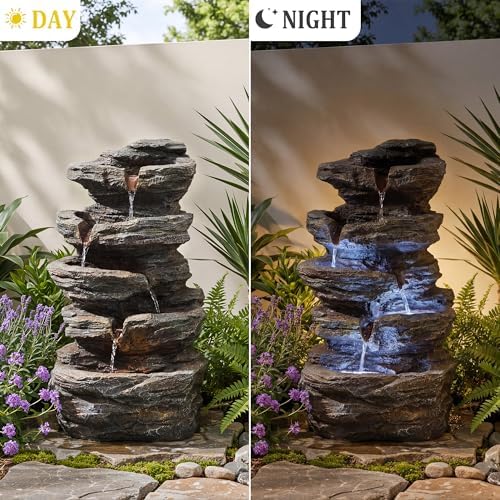 19.7" Tall Outdoor Water Fountain, 5 Tier Cascading Bowls and Stacked Water Fountain with LED Lights, for Yard Décor, Backyard, Patio and Deck (19.7'') - Image 5