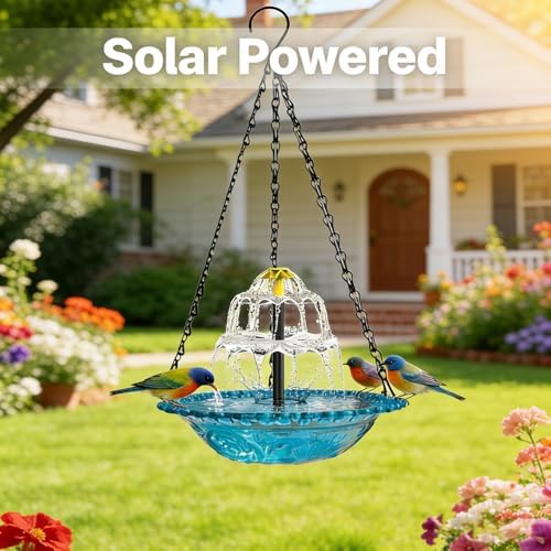 Solar Cascade Hanging Bird Bath Fountain, 9.25" W Metal Solar Powered Birdbath with Water Pump, Large Humming Birds Baths Fountains for Outdoor Garden Decor (Single Layer*2) - Image 3