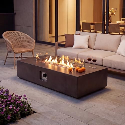 COSIEST Outdoor Propane Fire Pit Table 56" x 28" Rectangle Bronze Compact Concrete-Like Finish, Certified, 50,000 BTU,Wind Guard, Tank Outside, Free Lava Rocks, Fits 20lb Tank Outside, Raincover - Image 2