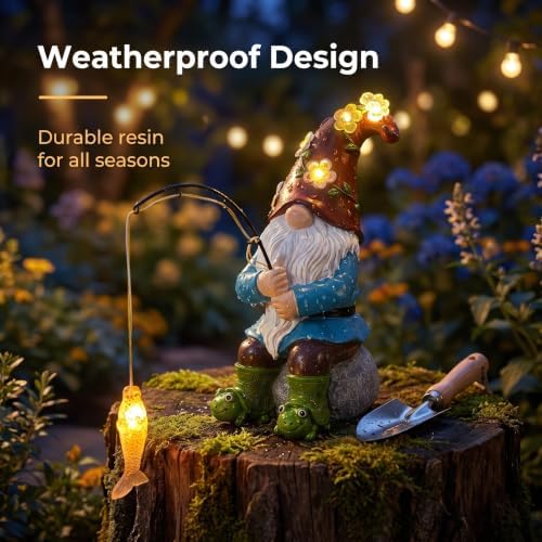 Solar Garden Gnome Statues Outdoor Statue Decor, Outdoor Fishing Gnome with Bee Solar Lights, Garden Figurines for Yard Decor Patio Porch Lawn Ornaments, Birthday Gifts for Mom, Thanksgiving - Image 7