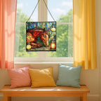 Bay Miniature Horse Curled Near Garden Lanterns Square Suncatcher – Stained Glass Style Window Panel with Pastoral Scene, Custom Decorative Hanging Art for Equestrian Home, Christmas w0YTNv - Image 5