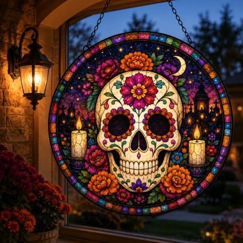 Day of the Dead Stained Glass Window Hanging, Colorful Sugar Skull Suncatcher with Floral, Mexico Gothic Skeleton Decor, Halloween Spooky Window Art, Dia de Los Muertos Home Decoration 11.81" - Image 3