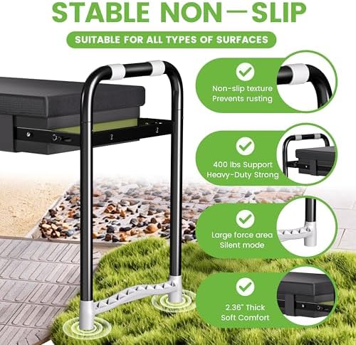 2-in-1 Garden Kneeler & Seat – Heavy Duty Foldable Gardening Bench, 400 lbs Capacity, Thick Removable Kneeling Pad, Waterproof Oxford Cushion, Portable Tool Pouch, for Seniors, Women, Mom - Image 5