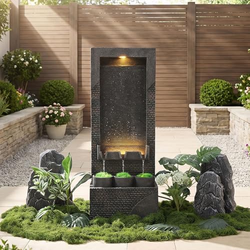 39" Outdoor Water Fountain, 5-Tier Cascading Floor-Standing Indoor Waterfall Fountains, Modern Large Water Feature with 5 Waterfalls & LED Lights, for Garden, Patio, Deck, Porch by GIODIR