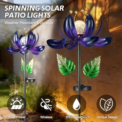 AIINY Solar Purple Metal Flower Wind Spinners, Colorful Spinning Windmill Lotus Yard Art Lights with LED Crystal Ball Decorative Stake Lighting Flower Sculpture - Image 5