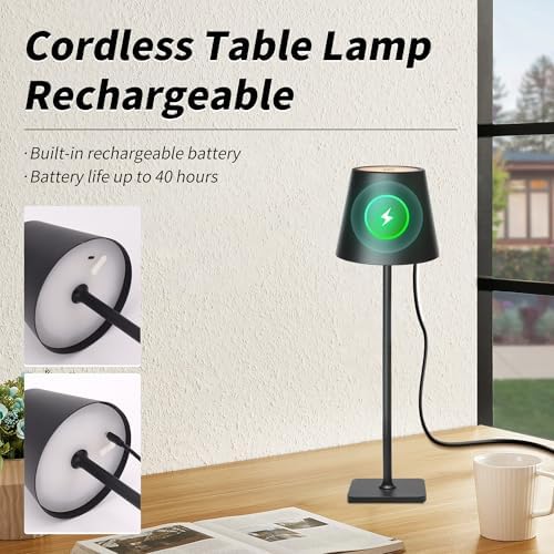 Mr. White Outdoor Waterproof Cordless Wireless Rechargeable Portable Top Touch Battery Operated Powered LED Table Lamp Desk Lamp Lights for Restaurant Kitchen Patio Dinner Dining (Black) - Image 6