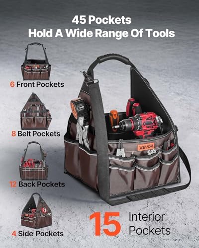 VEVOR Tool Bag, 13 Inch, 45-Pocket Open Top Tool Tote, Electrical Maintenance Toolbox Organizer Storage with Handle, Adjustable Shoulder Strap, Portable Toolbag, for Professionals DIY & Jobsite Use - Image 2