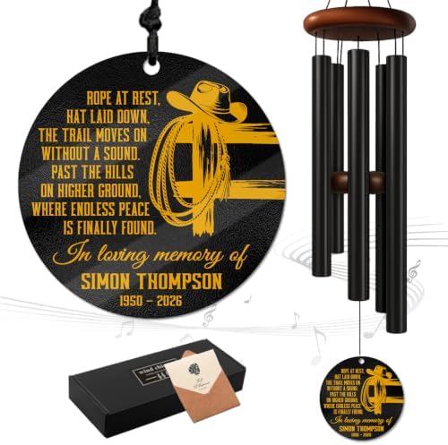 Personalized Memorial Wind Chimes for Outdoors Cowboy Hat Rope Tribute Western Sympathy Gift Custom Name Years for Loss of Loved One Dad Husband Ranch Keepsake Hanging Garden Rustic Remembrance Gift by AlpadilCo