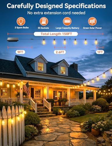 Brightever 150FT Solar String Lights Outdoor Waterproof with Remot, 55+2 Shatterproof ST38 LED Bulbs, Dimmable & 3 Lighting Modes, Warm White Solar Patio Lights for Balcony, Deck, Wedding - Image 2