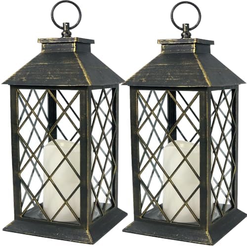 2-Pack 13.5" Vintage Candle Lantern with LED Candle (Distressed Gold, 6hr Timer) - IP44 Waterproof Outdoor Hanging Lanterns Battery Powered - Tabletop Lantern Decorative Home Lanterns by BrightZeal