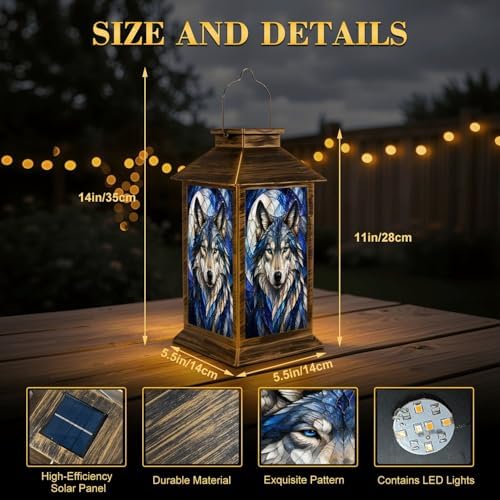 Solar Lantern Outdoor Waterproof Blue Stained Glass Style Wolf Portrait Detailed Fur Eyes Garden Decor LED Hanging Solar Lights Tabletop Lamp Gifts for Women Mom Outside Yard Patio Porch - Image 2