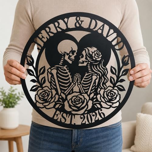 Personalized Skeleton Couple Metal Sign, Gothic Romantic Wall Art, Custom Skull Lovers Gift for Couples, Skeleton Rose Wall Sign, Metal Anniversary Wedding Decor(Style 11) by OWFCBEI