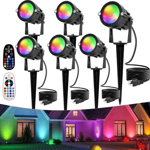 Halloween Christmas Spotlights Outdoor: RGBW Spot lights Plug in 120V Remote Control 16 Color Changing Waterproof LED Landscape Spotlights for Yard Garden Lawn Holiday Décor, 6 Pack (RGB + Warm Light) by CoziTech