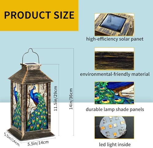 Solar Lantern Stained Glass Vibrant Blue Green Feathers Among White Blossoms Outdoor Waterproof Garden Hanging Lantern Solar Powered Lighting Outside Table Lamp for Patio Deck Camping 1 Pack - Image 6