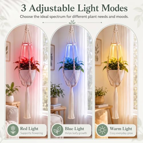 Huquary 3 Pack Macrame Hanging Plant Hanger with Grow Light,White - Image 3