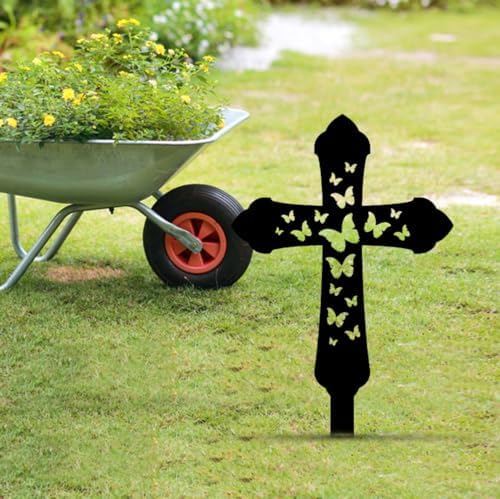 Cross Butterflies Sign,Christian Evergreen Stake,Butterfly Cross Memorial Stake,Loss Of Loved One Stake,In Memory Cross Stakes Plaque Sign for Garden Park Yard Lawn Patio Cemetery Grave. by TiTaicor