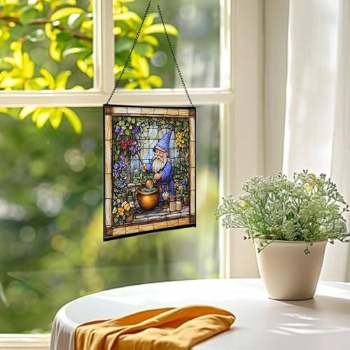 Gnome Making soap Stained Glass Suncatcher – Square Hanging Window Panel for Home, Garden, Nursery, Halloween, Christmas, Memorial Day – Whimsical Glass Art Gift for Gnome Lovers 03xua6 - Image 3