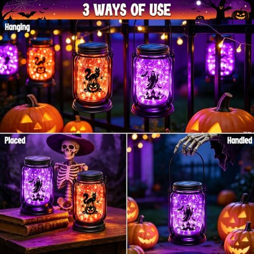Halloween Solar Lanterns-Ghost &Cat Pumpkin Decor Hanging Mason Jar Lights - Image 3