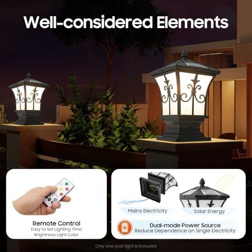 Solar Post Light with Remote Control, Outdoor Column Pillar Lamp Dusk to Dawn IP44 Waterproof for Yard, Garden, Porch, Adjustable Color Temperature, Black Modern Design (5.9x5.9x14.96in) - Image 5